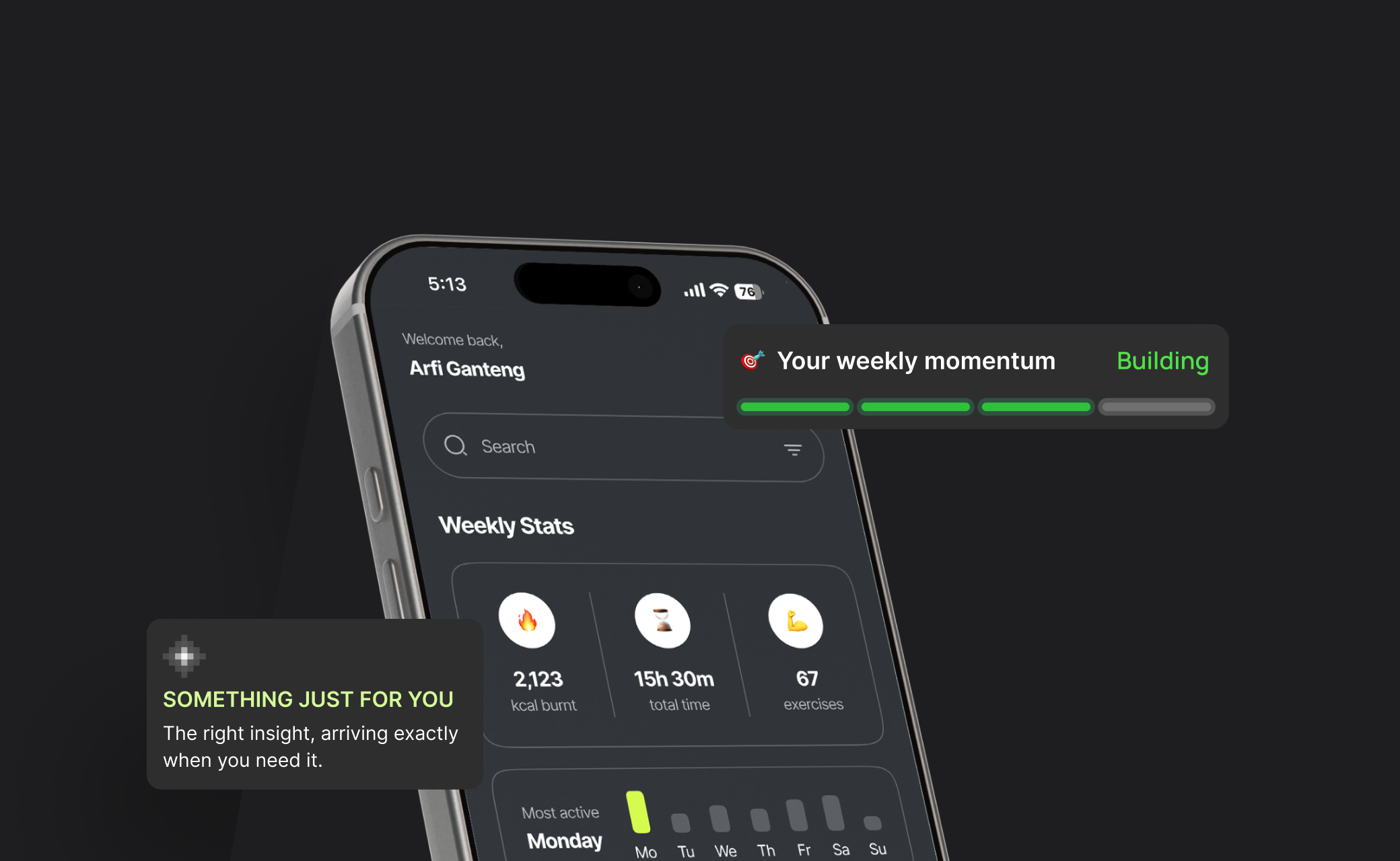 Fitastic app on a phone, with weekly momentum and a personal insight card