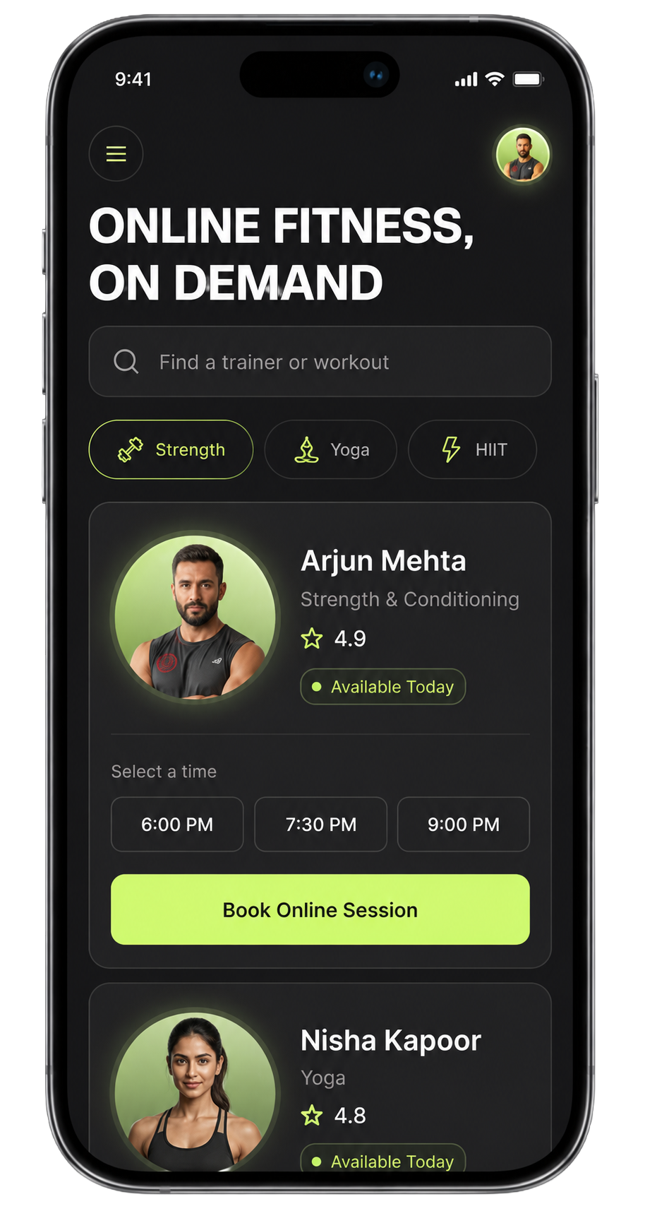 Fitastic app booking an online strength session with trainer Arjun Mehta